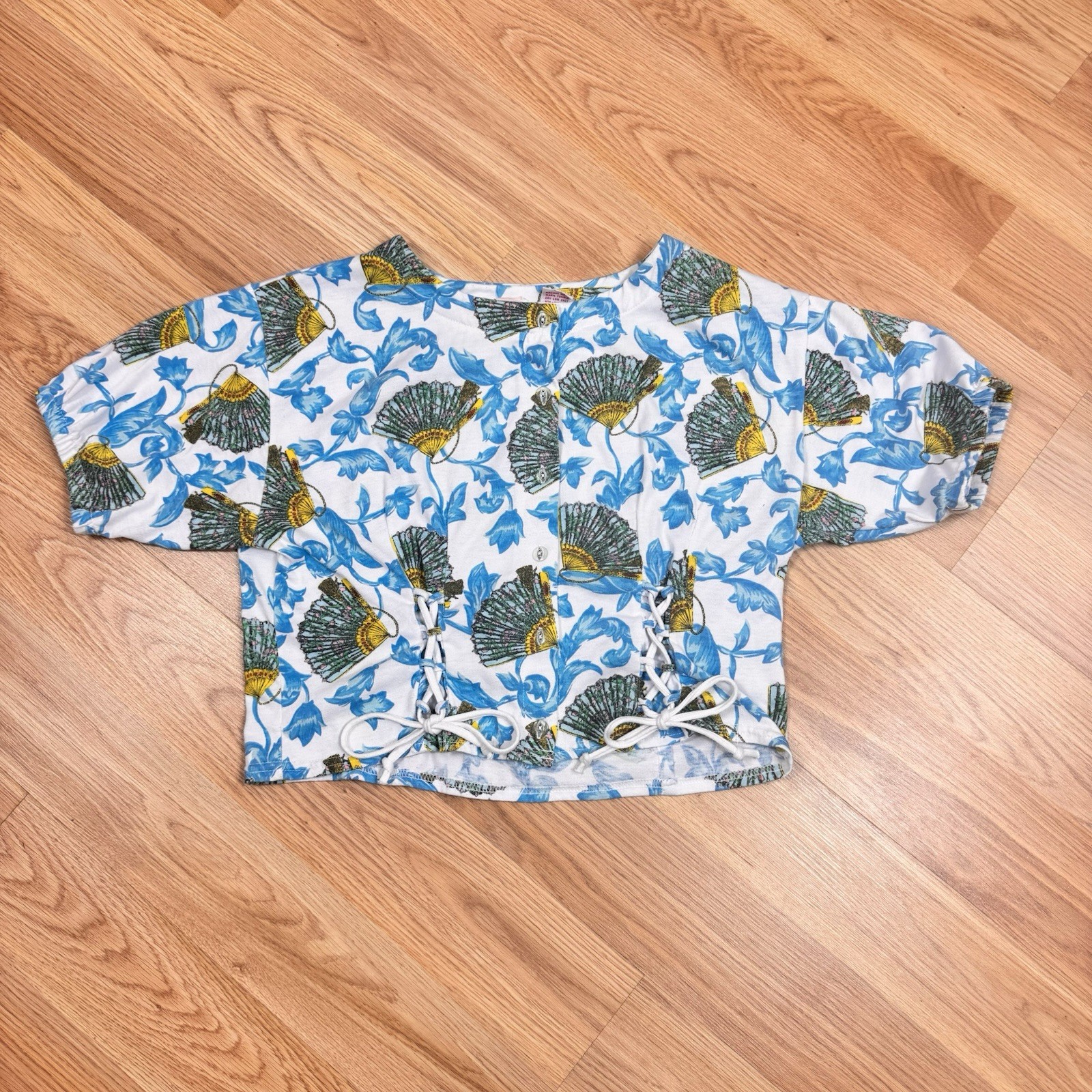 Women’s Vintage Top Blouse Medium Justin Allen White Funky Print 80s 90s Retro