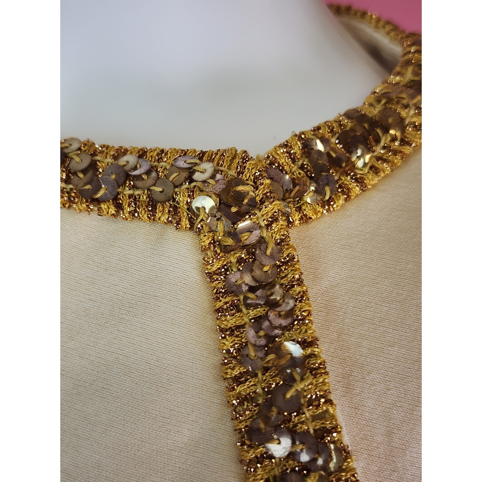 Vintage 1960’s Champagne Cream Gold Cord Trim Rhinestone Shift Dress I. Magnin