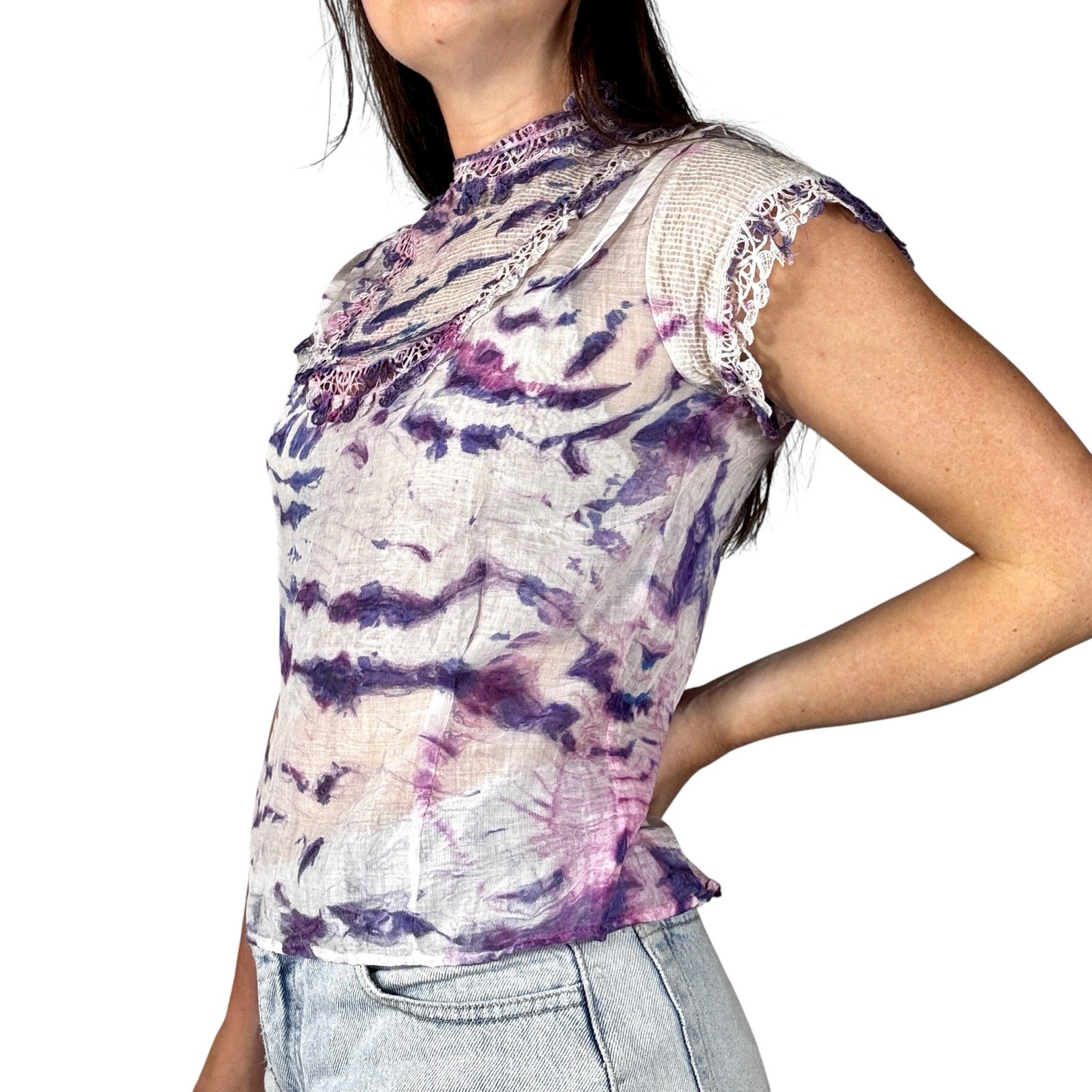 Antique 1940s Hand Dyed Shibori Silk Cotton Blouse Lace Micropleated Purple Blue