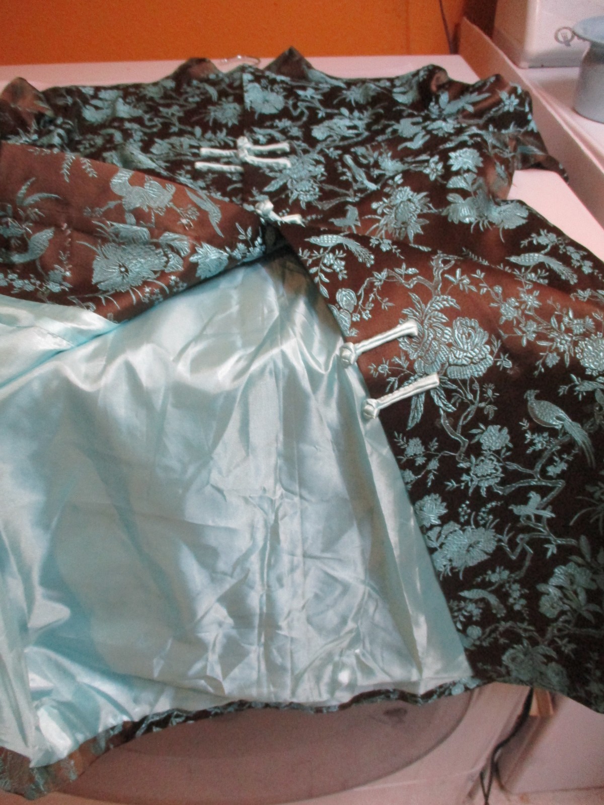 Vintage Asian Embroidered Silk /Rayon Coat/Jacket – Turquoise- Brown -S- M (38)