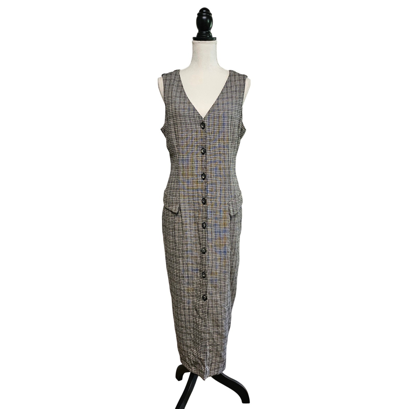 Vintage 80s Black Gray Plaid Button Front Tie-Back Dress Size 14 Preppy Academia