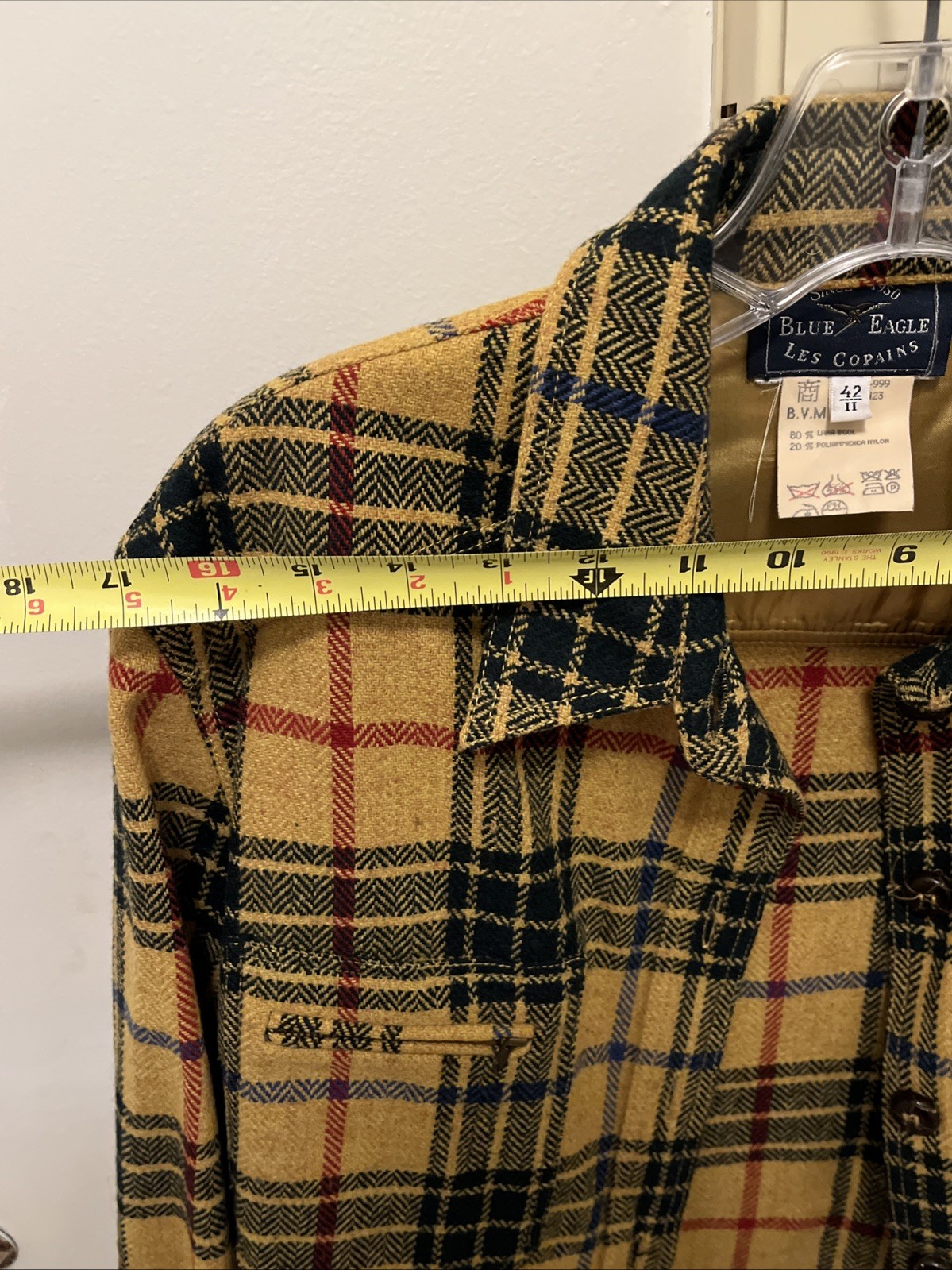 VINTAGE Les Copains Blue Eagle Yellow Plaid Jacket Italy Sz 42 Wool Blend Grunge