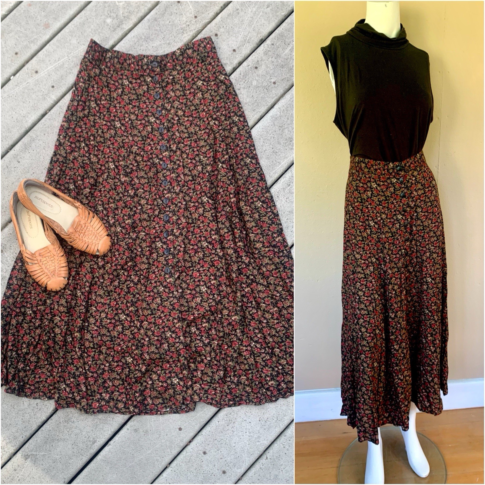 Vintage 90s Floral Button Up A-Line Midi Skirt By Express