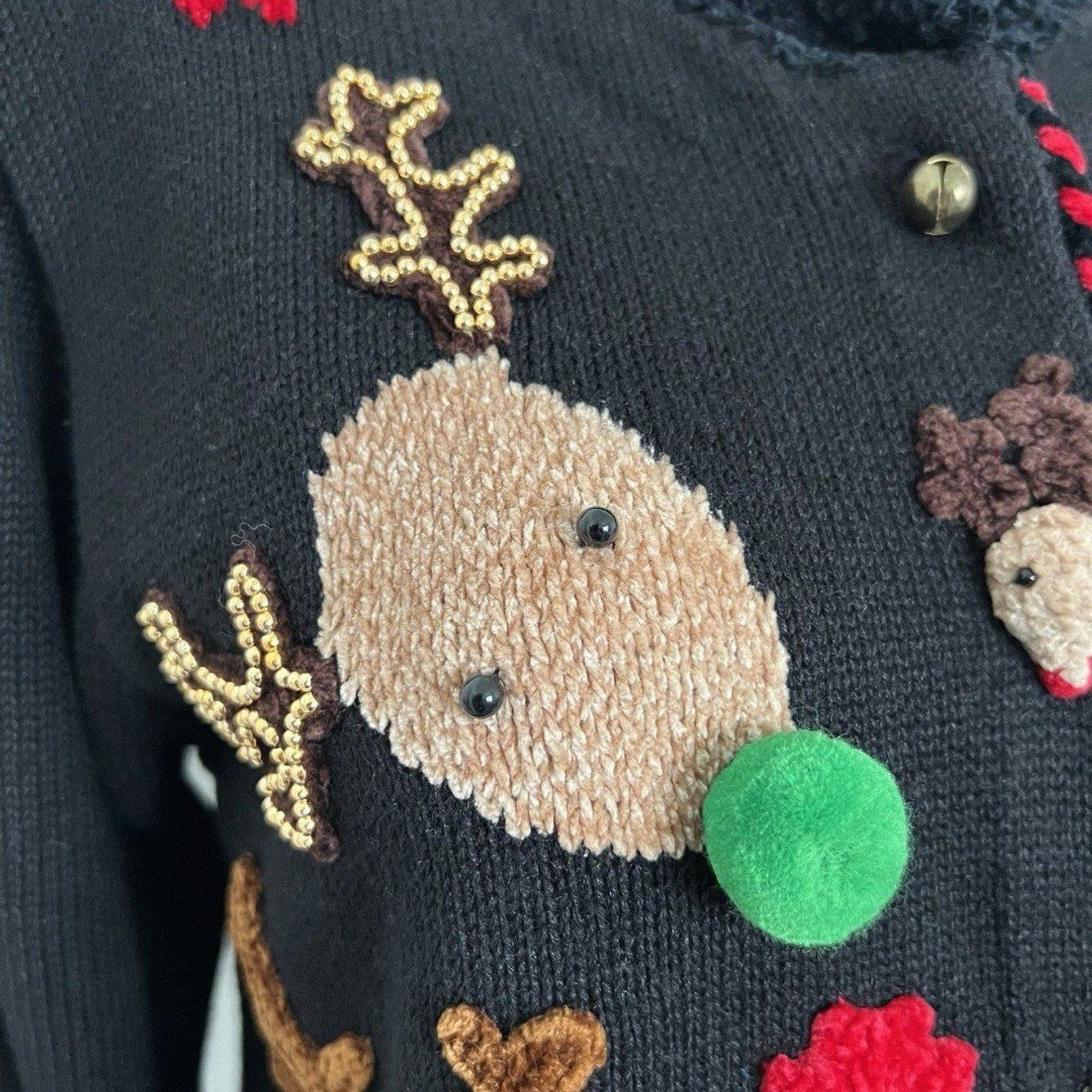 Vintage Jack B Quick Womens Christmas Cardigan M Black Reindeer New Old Stock