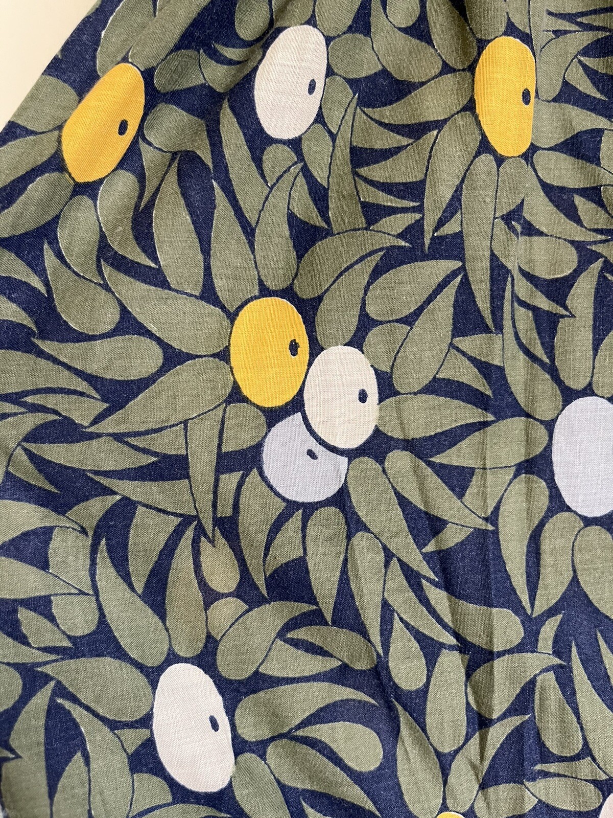 1970s Olive Print Smocked Maxi Dress Cotton Blend Hostess Resort Sundress OS VTG