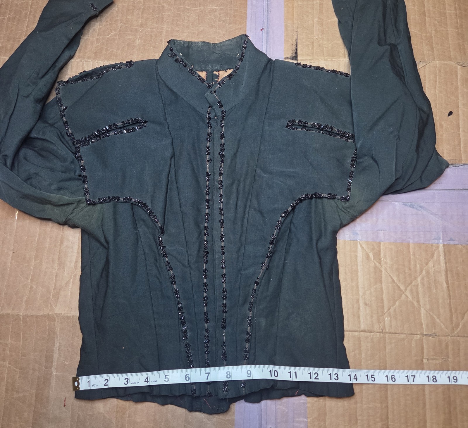 Deep Hunter Green Victorian Cotton Blend Bodice w/ Jet Black Bead Trim