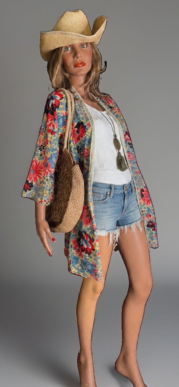 VTG 1960s Floral Cotton Japanese Kimono Jacket Cover-Up Boho Hippie Festival OS
