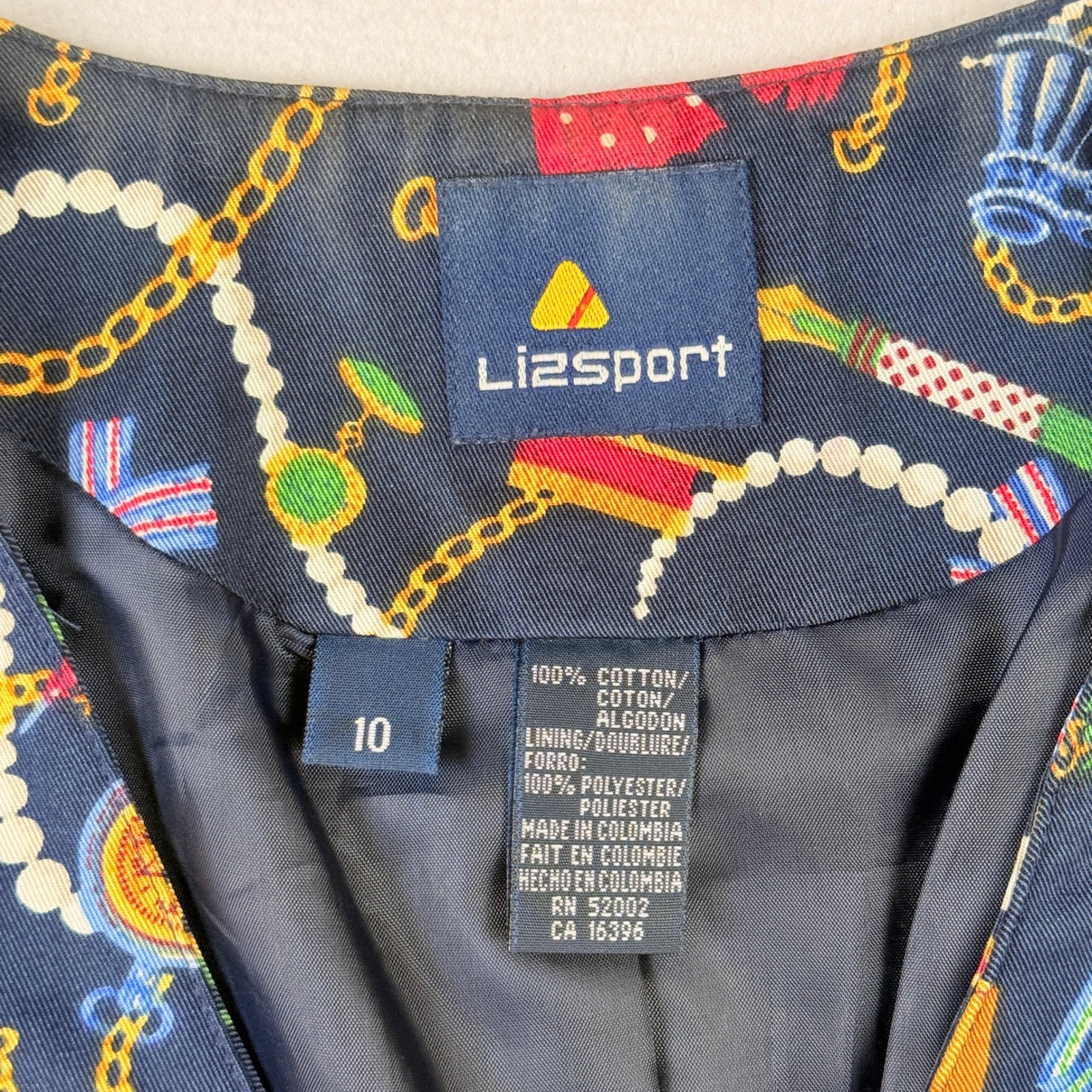LizSport Novelty Vest Women 10 Navy Blue Gold Chain Equestrian Nautical 90s Fun