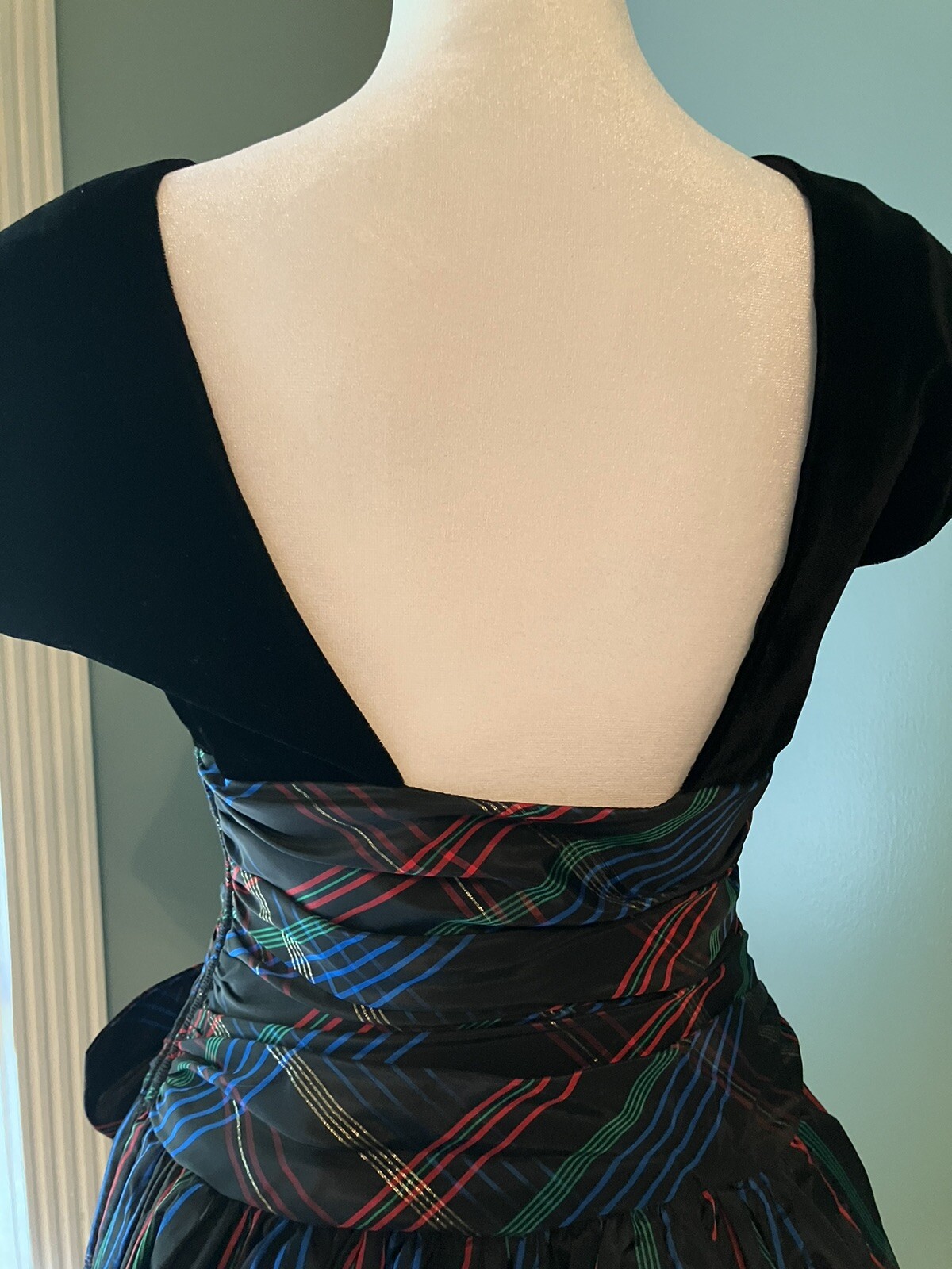 1980s Patty O`Neil Velvet & Plaid Taffeta Evening Dress, Ruching & Bow Size XS-S