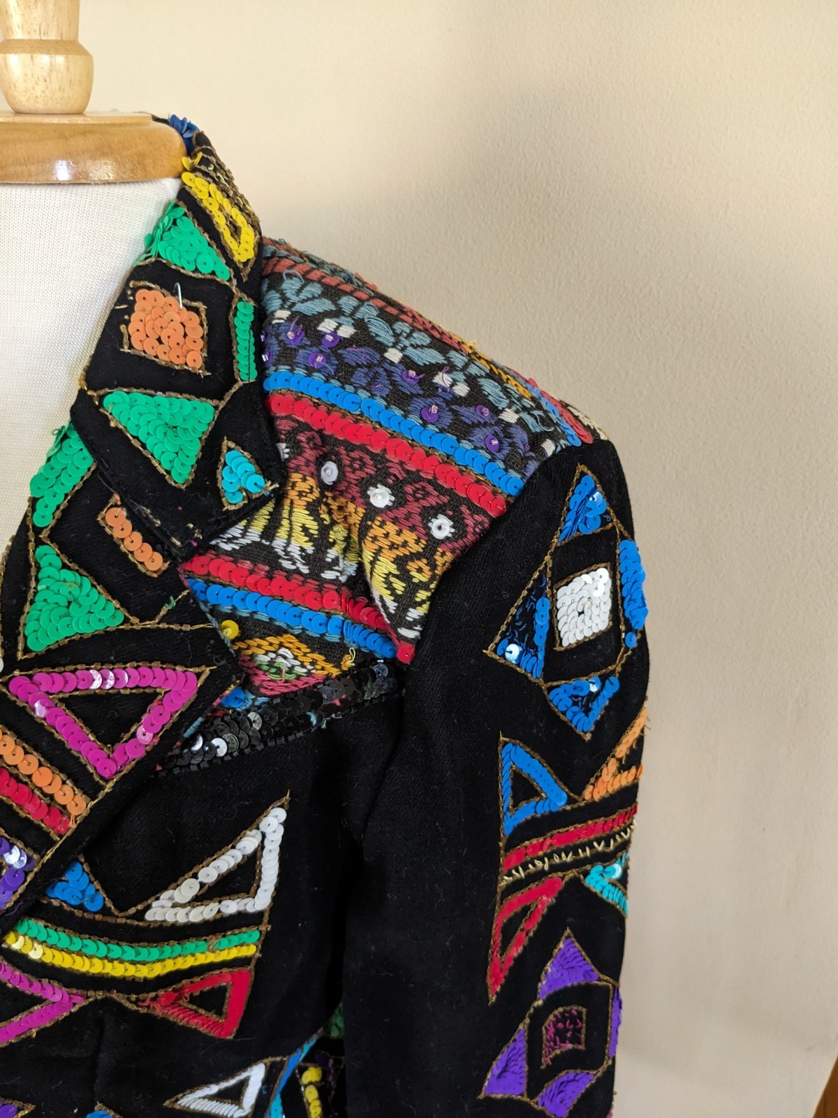 Vintage 1980s Modi Sequin Geometric Blazer Sz S Aztec Tribal Cotton Blend Jacket