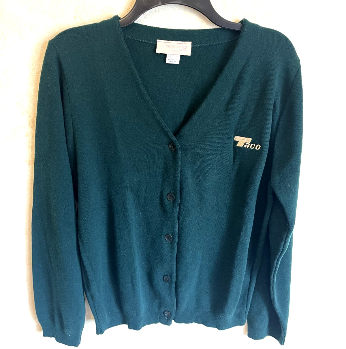 Vtg 70s WOMENS 'TACO’ CO Employee Monogram Cardigan Button Down Sweater-M GREEN