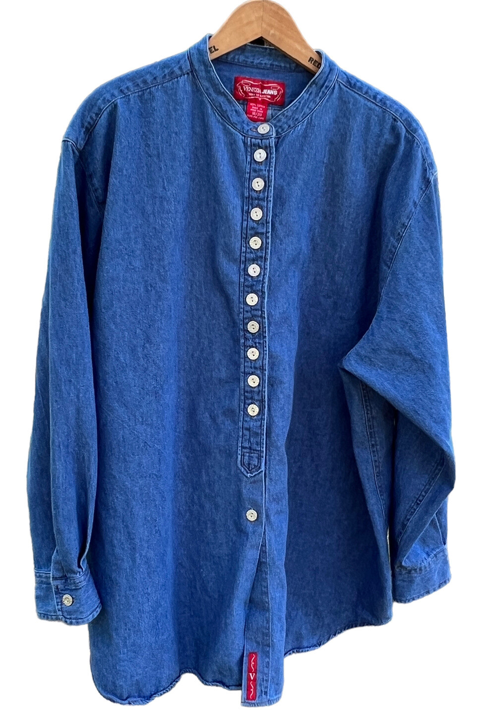 Vintage Venezia Denim Shirt 18/20 Blue 100% Cotton Silver Buttons Band Collar