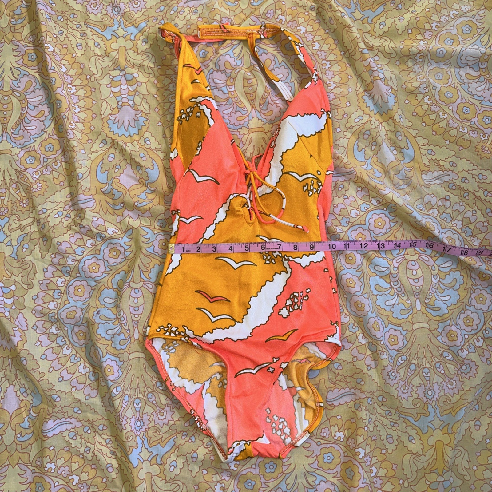 Vintage 60’s Orange And White Swimsuit With Torpedo Bra Top Size 12