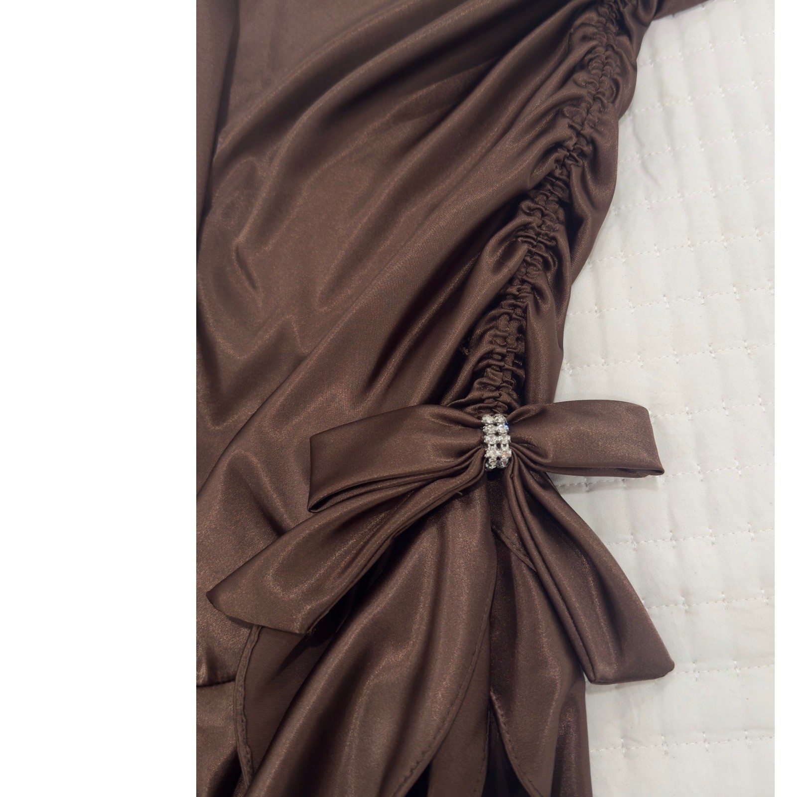 Vintage Blondie Nites Brown Satin Ruched Ruffle High Low Prom Dress 7