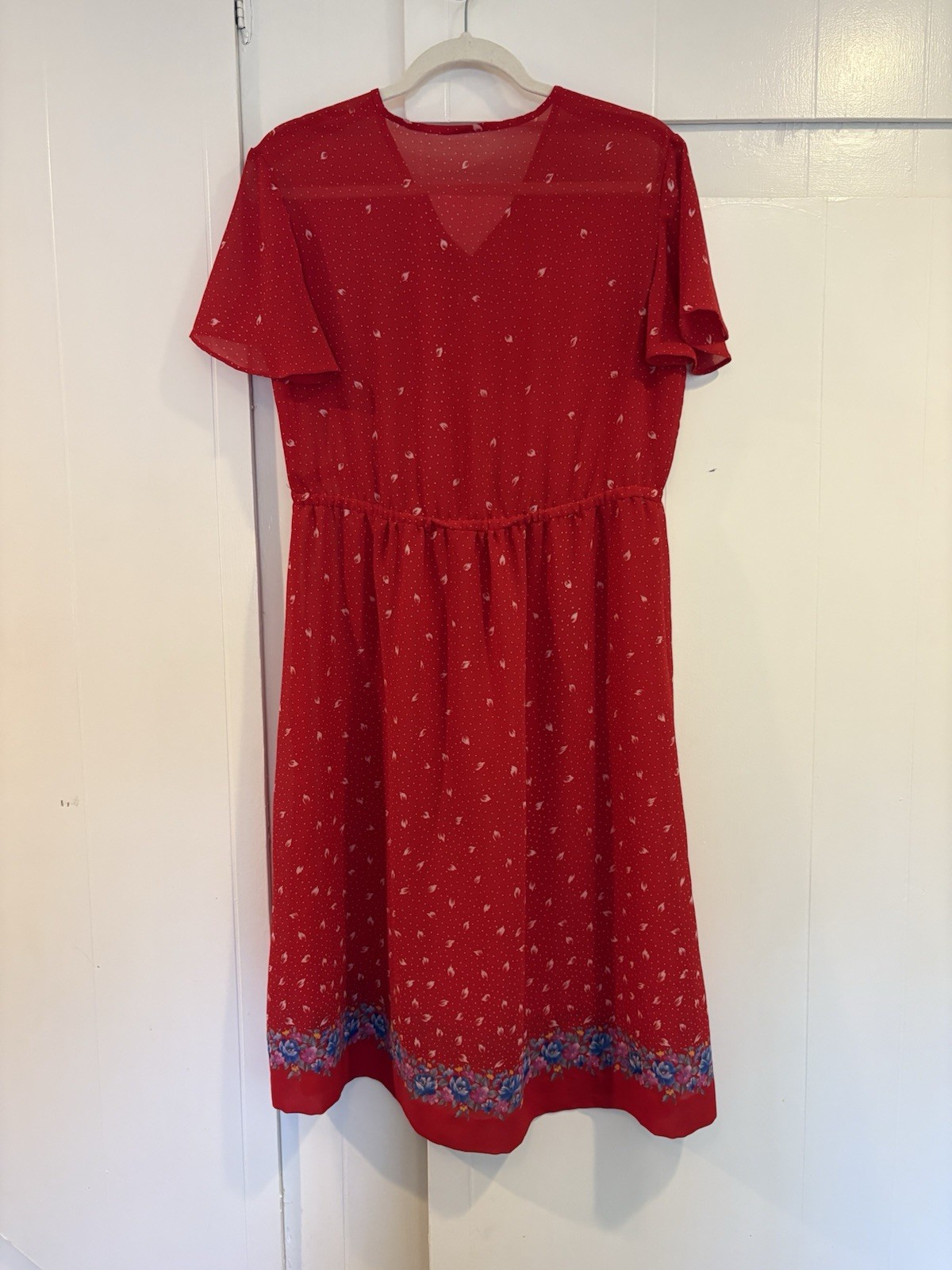 Vintage Unlabeled 70s Floral Small Poka Dot Dress Short Sleeve Red Dress Sz M