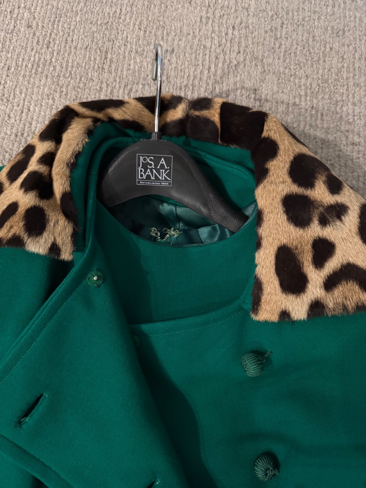Vintage 60s Wool Coat & Dress Set Leopard Fur Collar Kelly Green approx 4