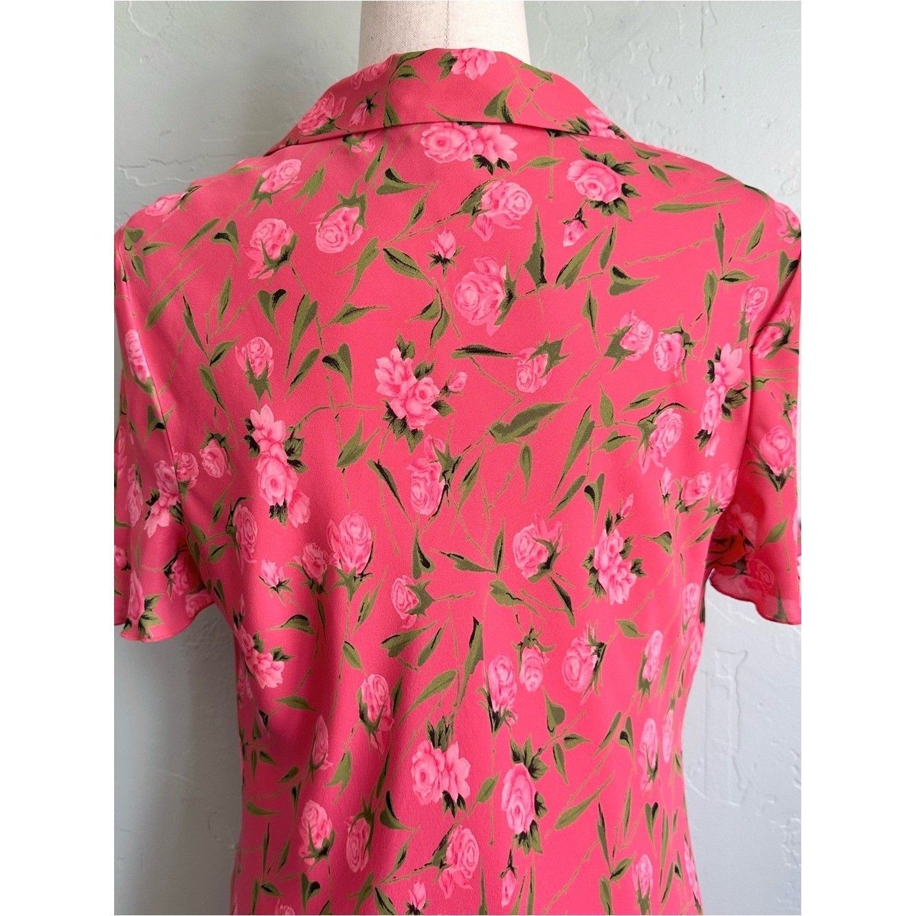 Vintage Casual Corner Pink Floral Roses 100% Silk Midi Dress 12 Cottage Garden