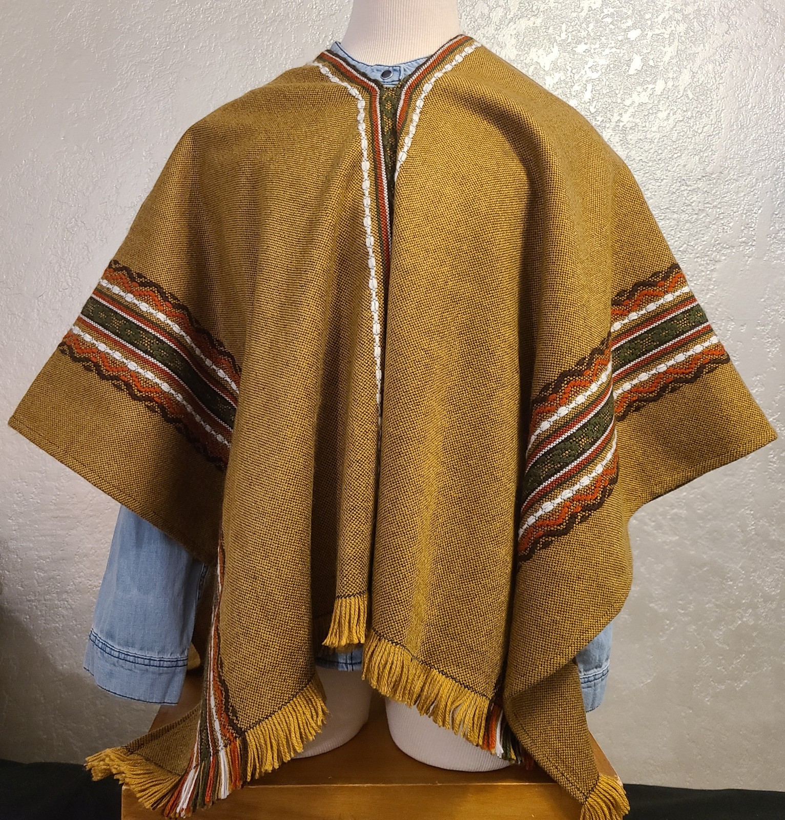 Vtg 70s Marianne Wendt Woven Poncho Fringe Brown Green Orange Boho Hippie Chile
