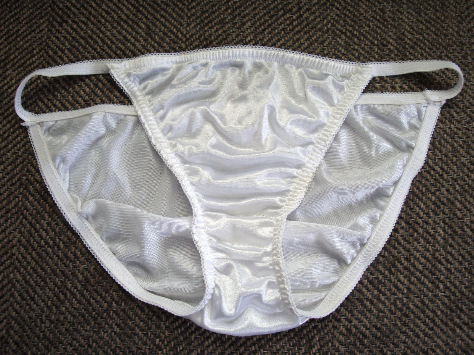 Vintage M L White Nylon Satin String Bikini Panty Very Stretchy Shimmery Silky