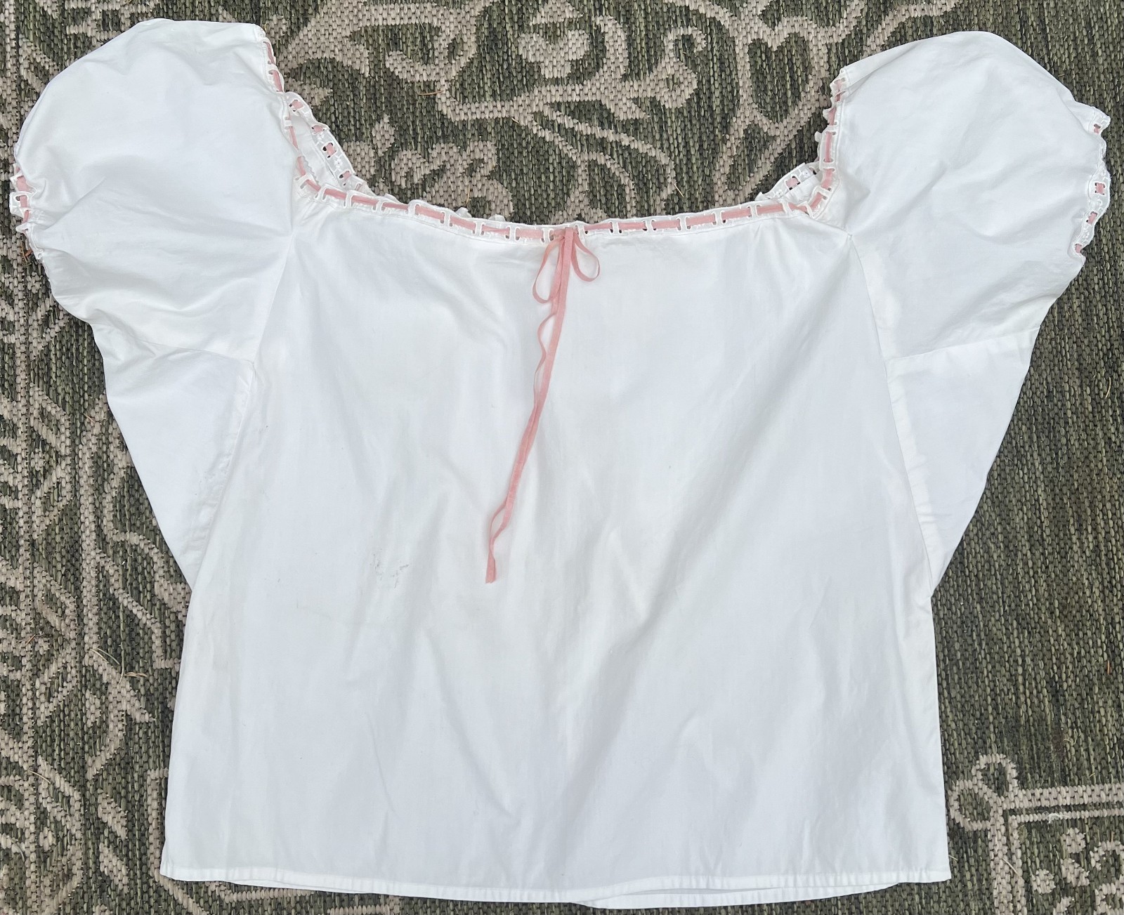 RARE ANTIQUE EDWARDIAN PLUS SIZE WHITE COTTON CAMISOLE W/ PINK RIBBON