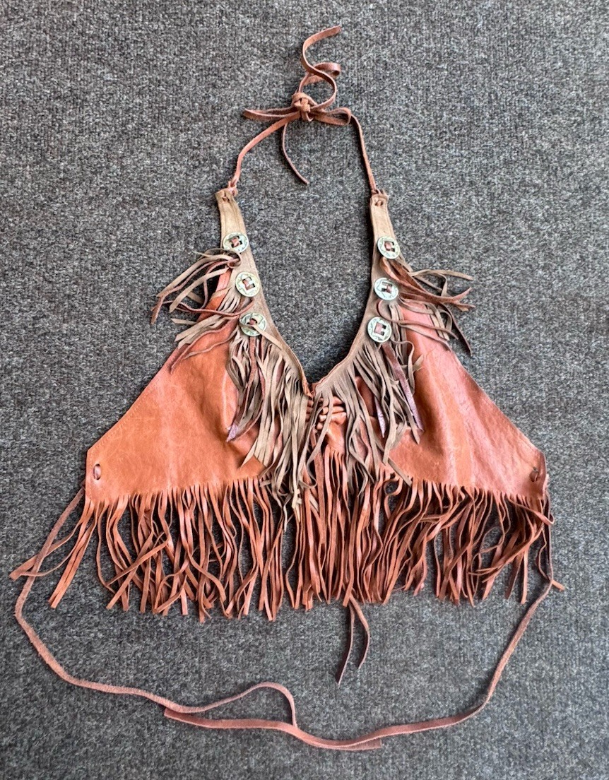 American Vintage C Suede Leather Fringe Concho Brown Boho Top One Size (cl)
