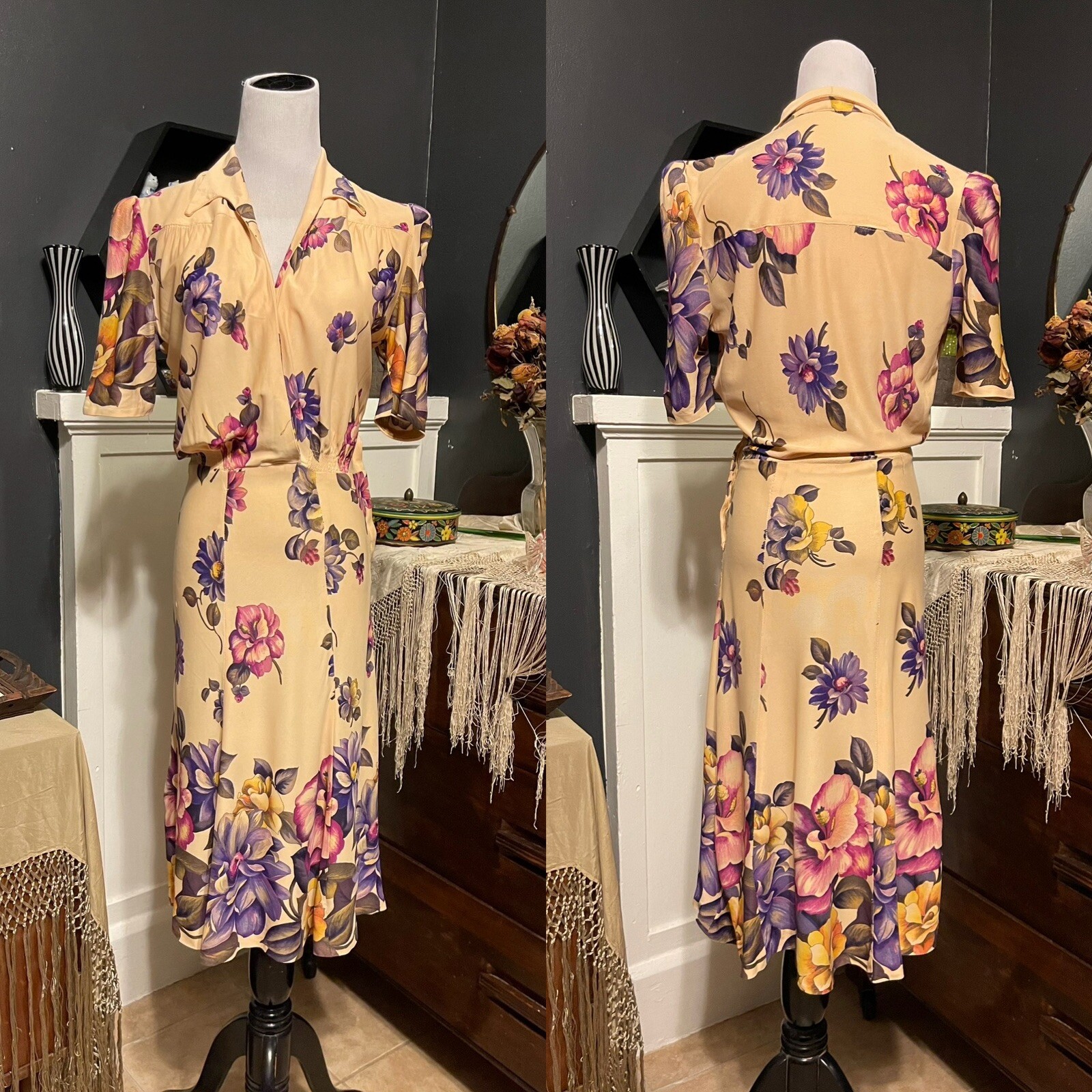 1930’s Rayon Jersey Magnolia Flower Dress | Purple Pink Yellow