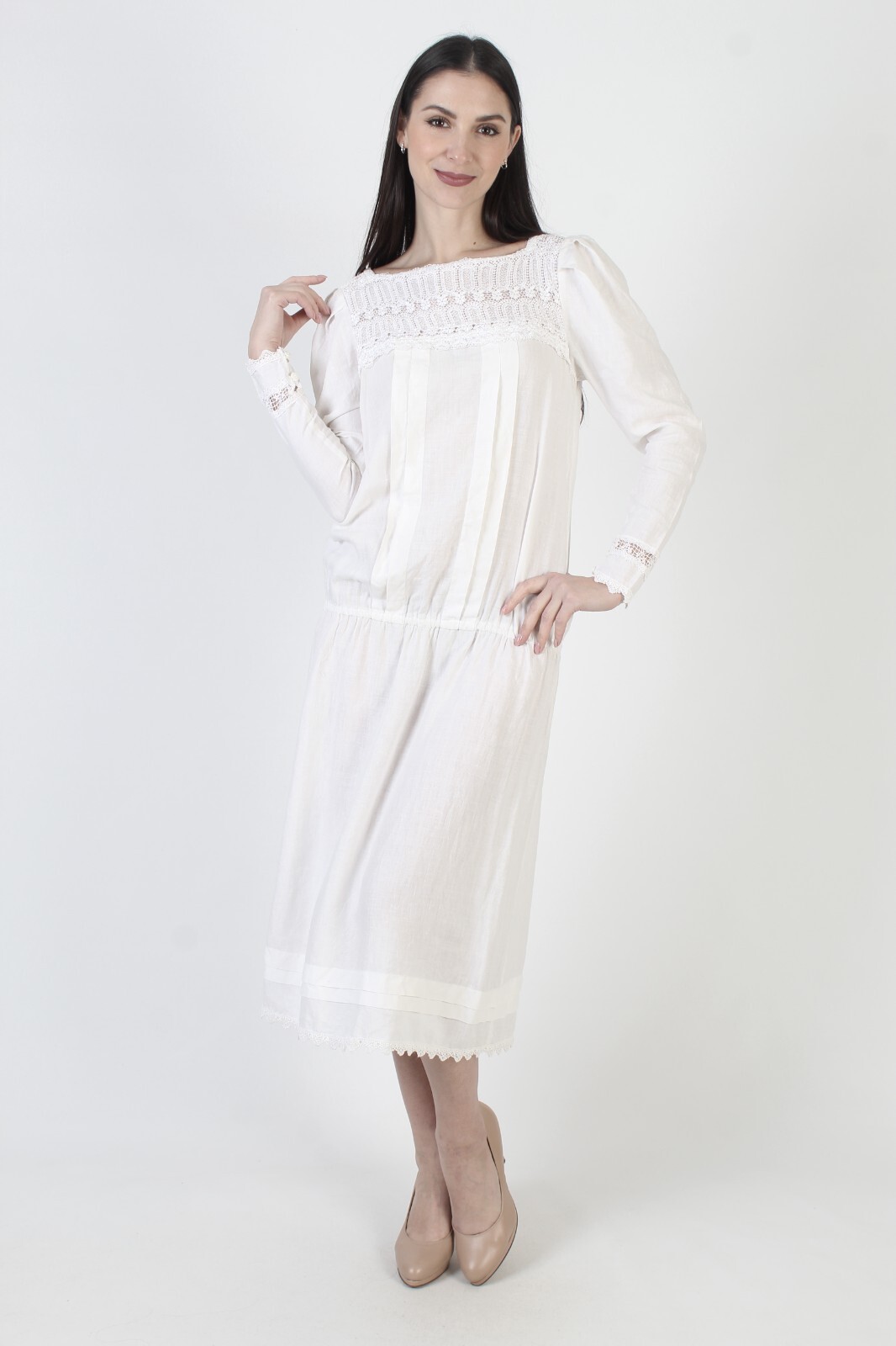 Jessica McClintock White Cotton Dress Drop Waist Victorian Deco Lawn Vtg Midi