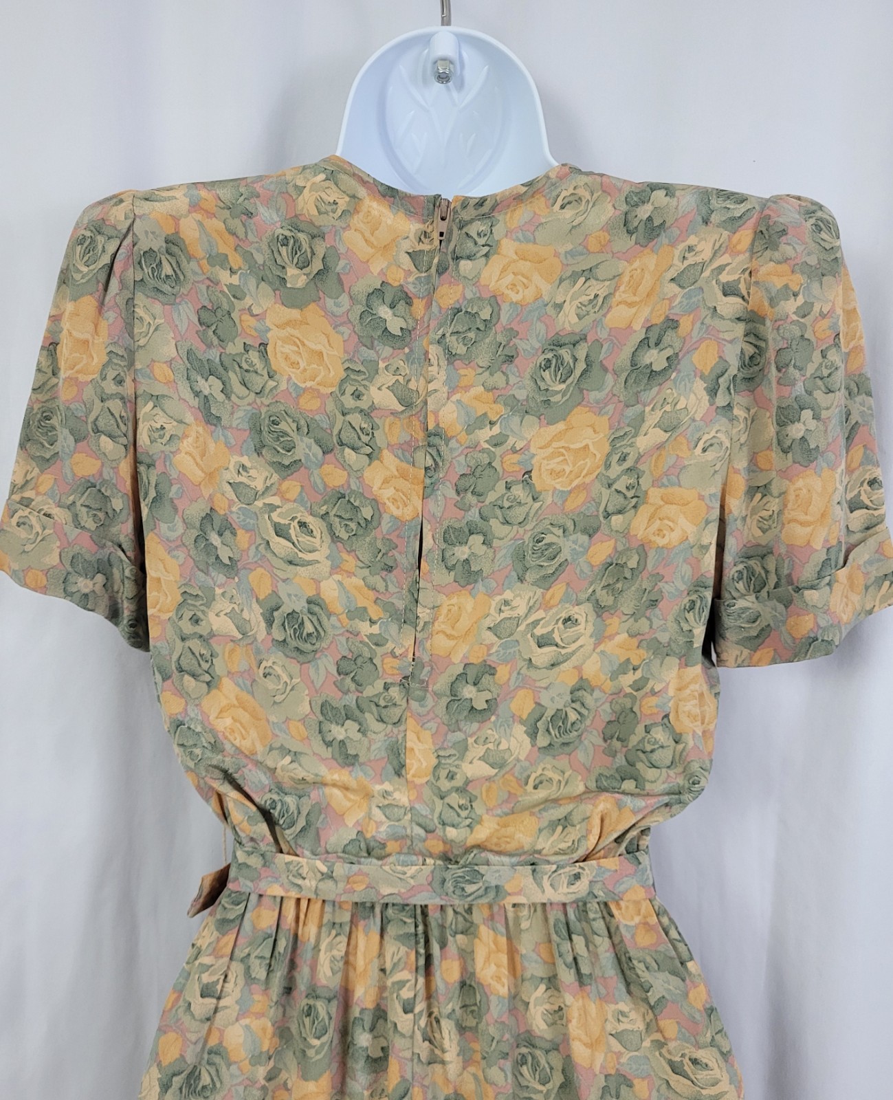 Vintage Taurus II Muted Green & Gold Floral Blouson Dress w Belt Size 4