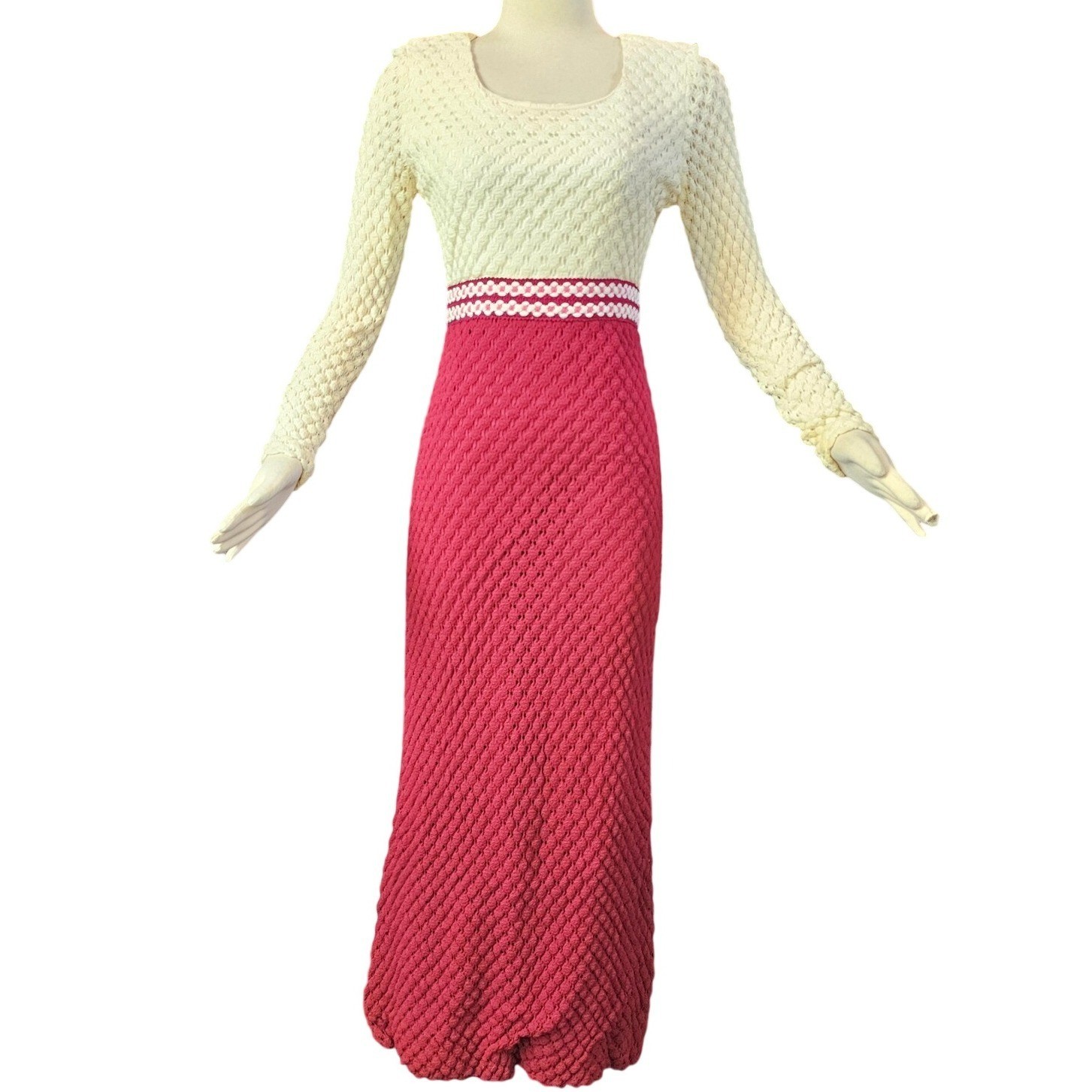 Vintage 1970s Dress Maxi Floor Length Knit Fabric White Top Red Skirt 1960s
