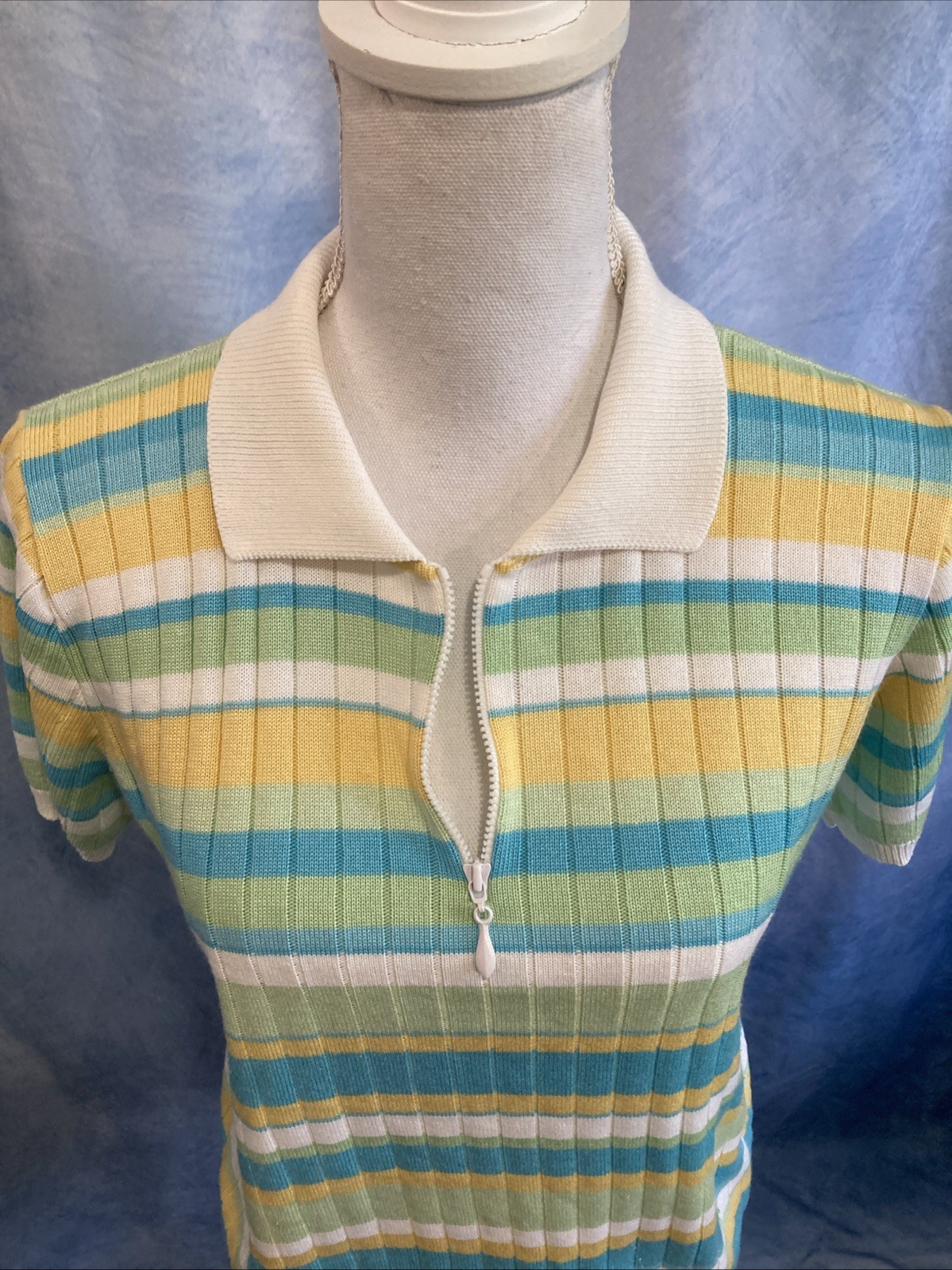 Vtg 80s 90s Alfred Dunner Striped Knit Polo Top USA Made Coastal Grandma Pastel