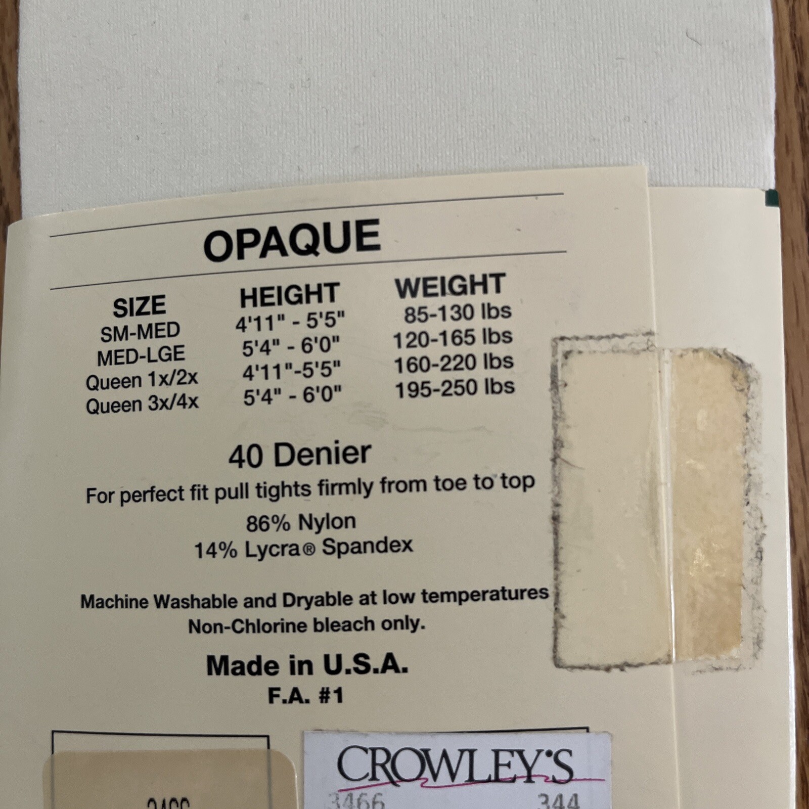 Vtg NWT 1990s Crowley’s Opaque Microfiber Tights Size S/M Ivory USA