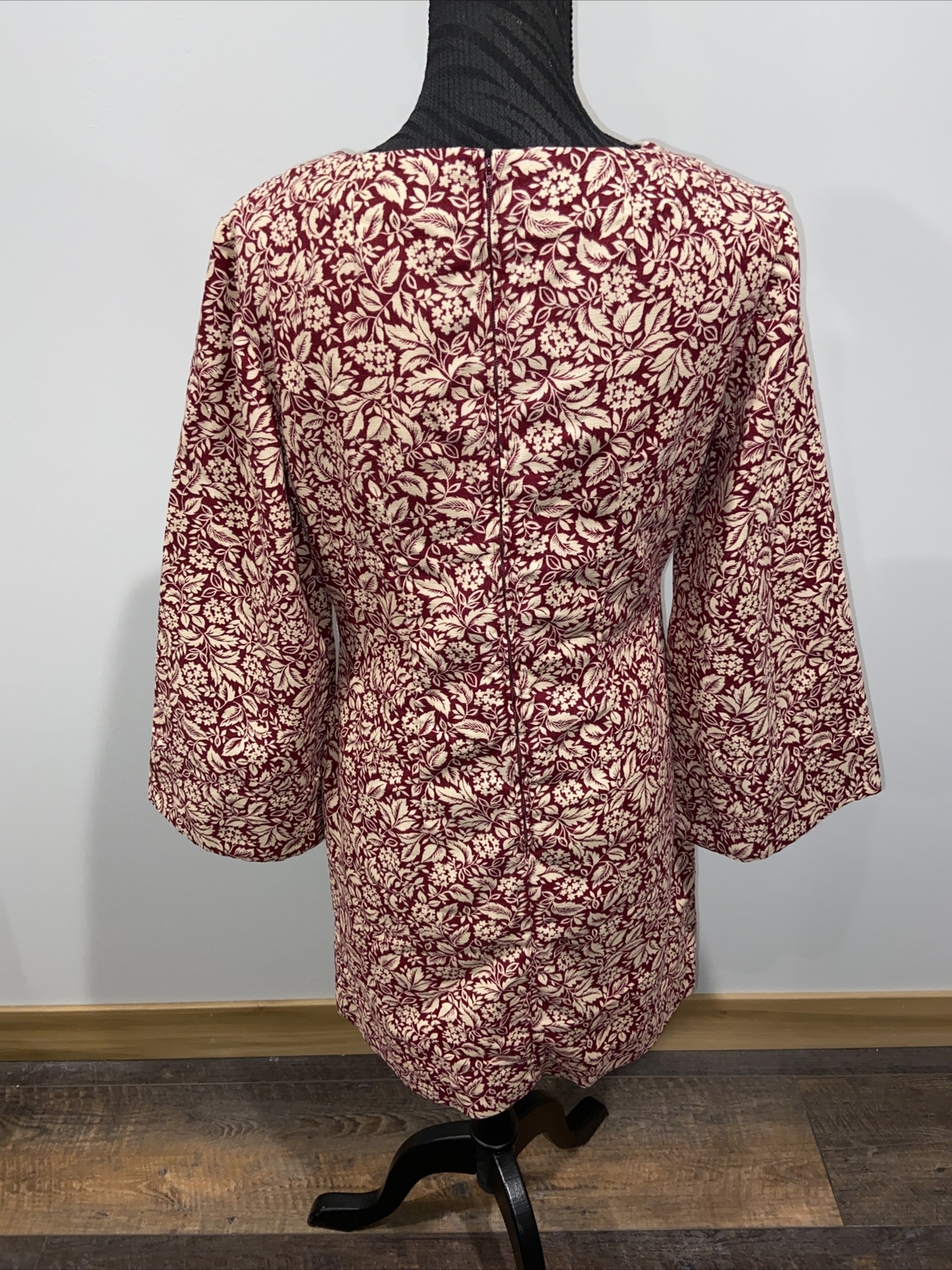 Vintage Homemade Handmade maroon and off white Floral Print Long Sleeve Dress
