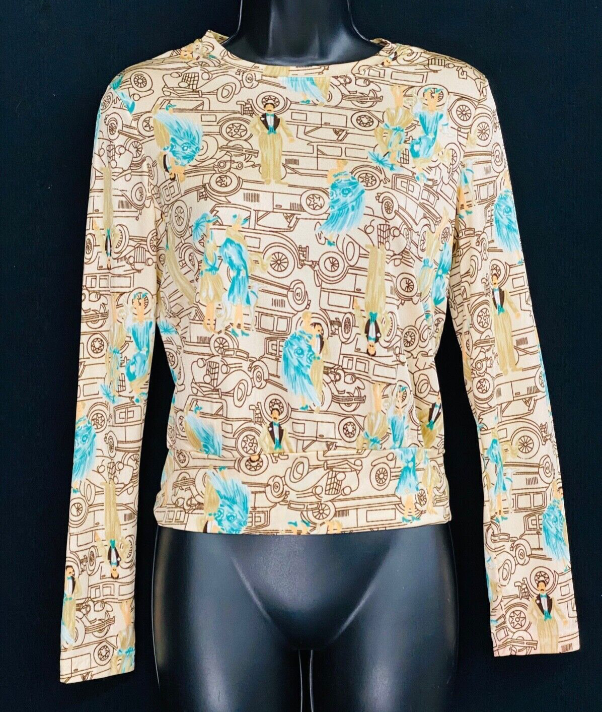 Vintage 1970s novelty print shirt, top cars white Art Deco 1920s people S M