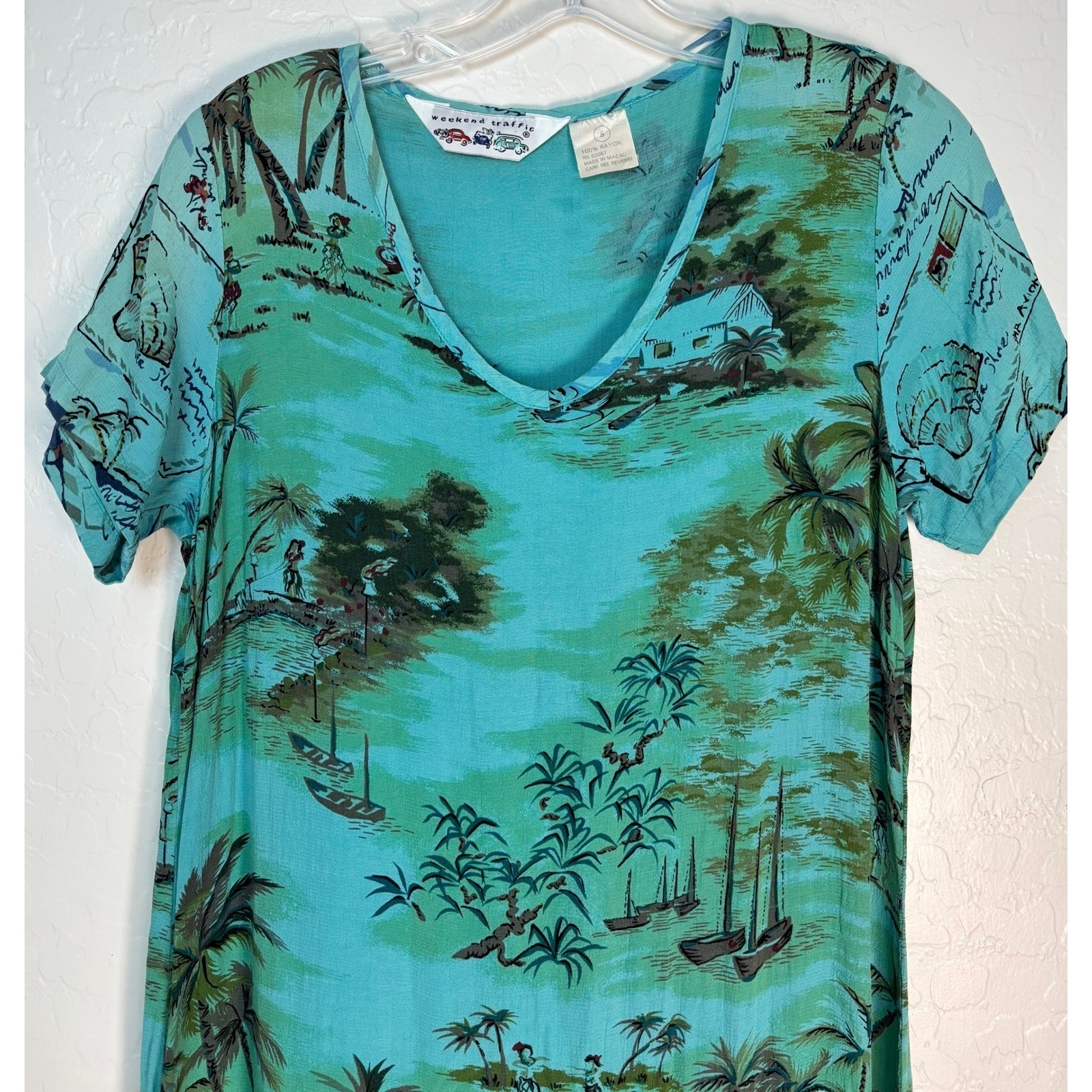 Vintage Weekend Traffic Teal Tropical Island Print Rayon Maxi Dress Sz S 2159