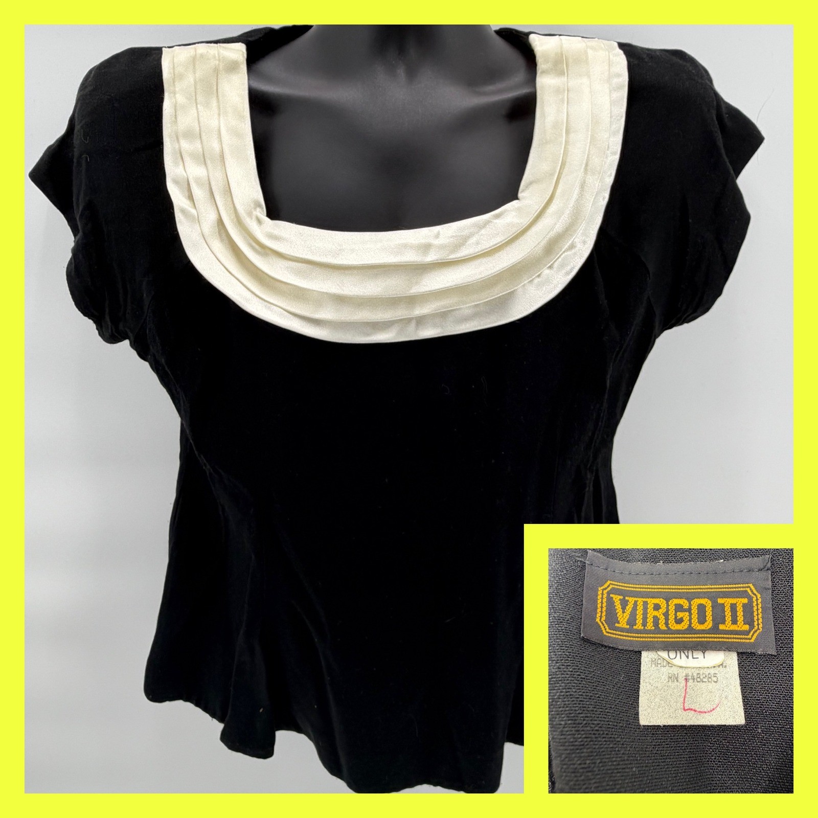 Virgo II Blouse Women 14 Black Cream Velvet Satin Draped Neck Cap Sleeve Vintage
