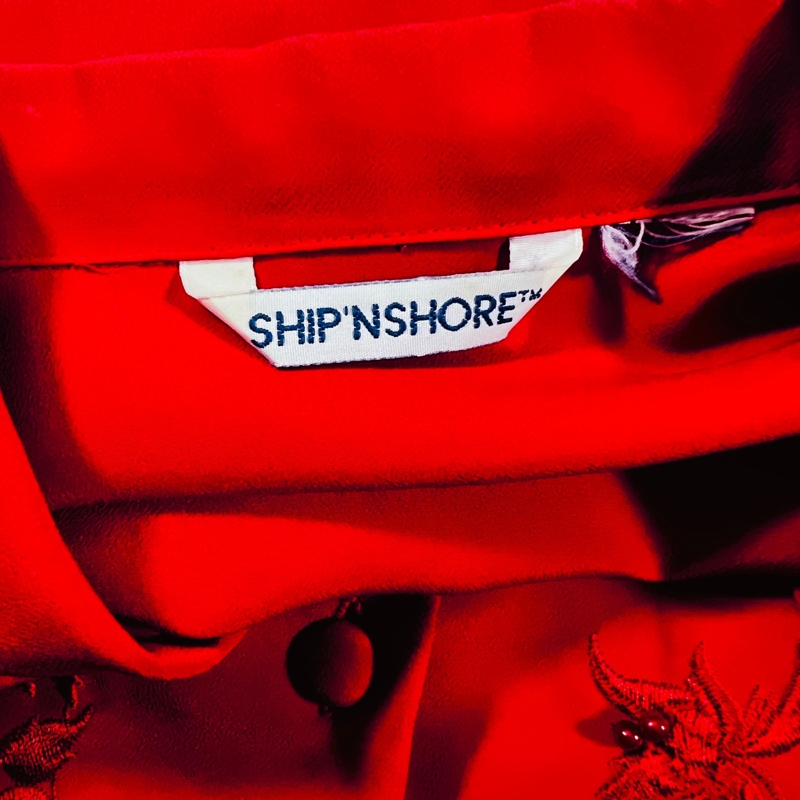 Vintage Ship N Shore Red Floral Embroidered Beaded Button Down Blouse