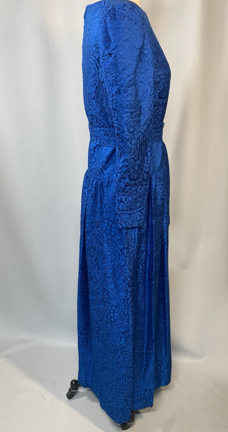 Vintage Dress SIZE LARGE blue Thai silk jacquard long sleeve 80s 90s handmade