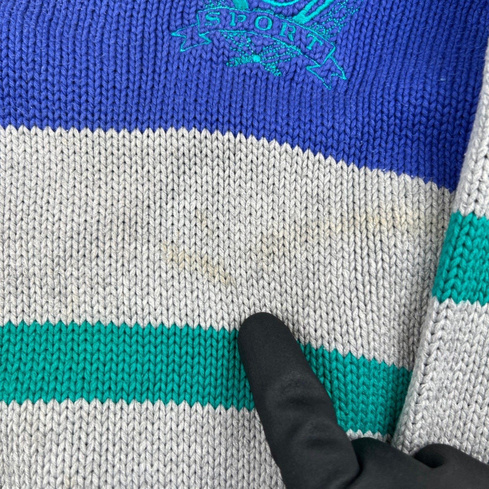 VTG LizSport Women Blue Striped V-Neck Cotton Knit Sweater Size S RN 52002