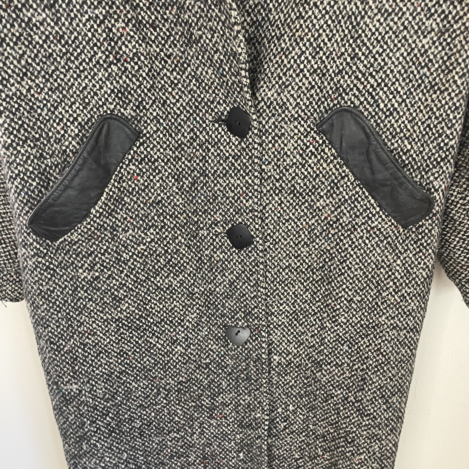 Vtg 80s DONNYBROOK Black White Tweed Long Coat w/Leather Accents Women Sz 12