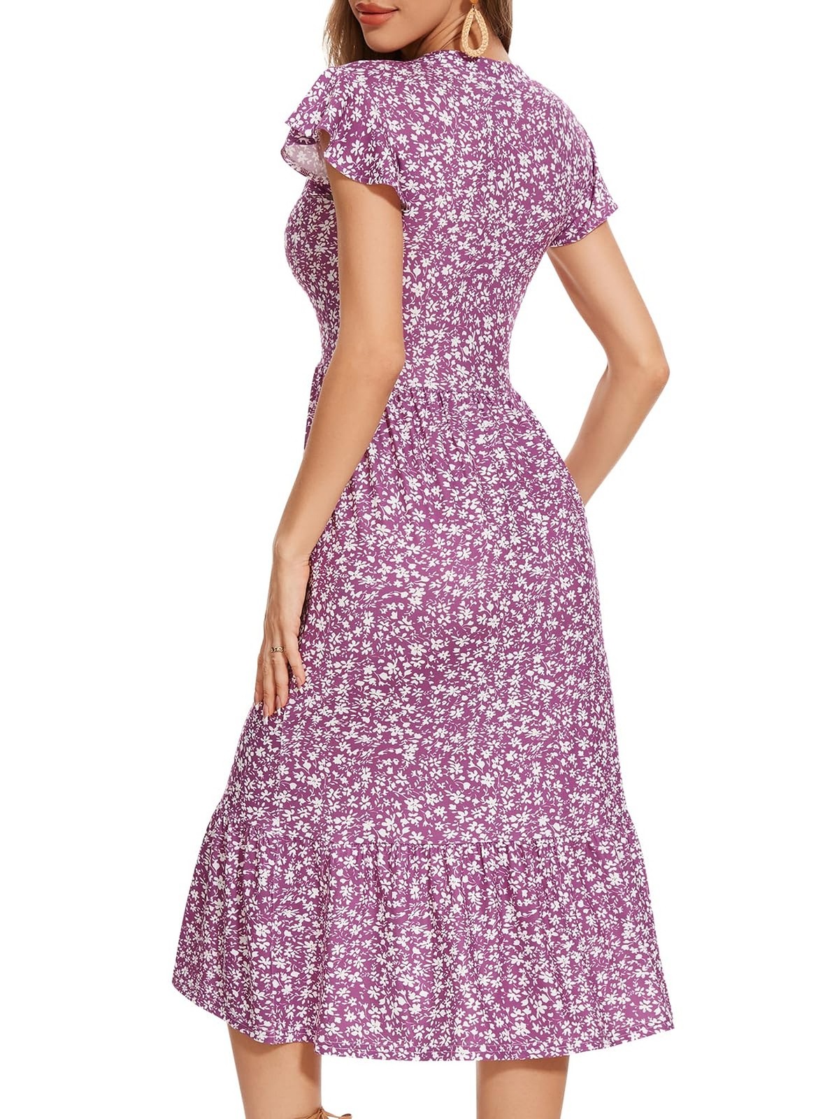 YIOYOLA Midi Dresses for Women 2026 Casual with Pockets Ruffle Sleeve Notched…