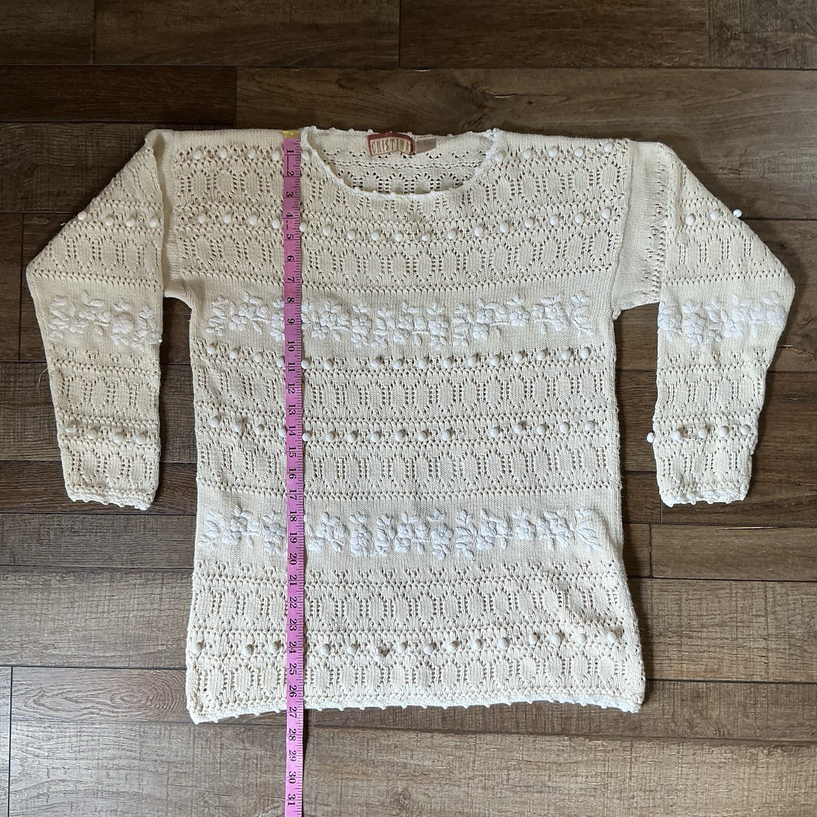 VINTAGE Size M Cristina Cream Open Knit Floral Sweater Womens Ramie Cotton 37701