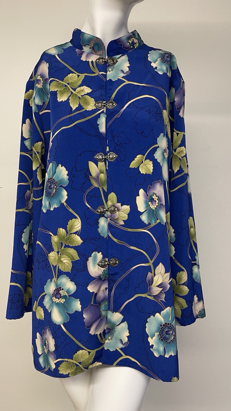 Vintage Maggie Sweet Asian Style Kimono Tunic Top Floral Print Sz Large Blue