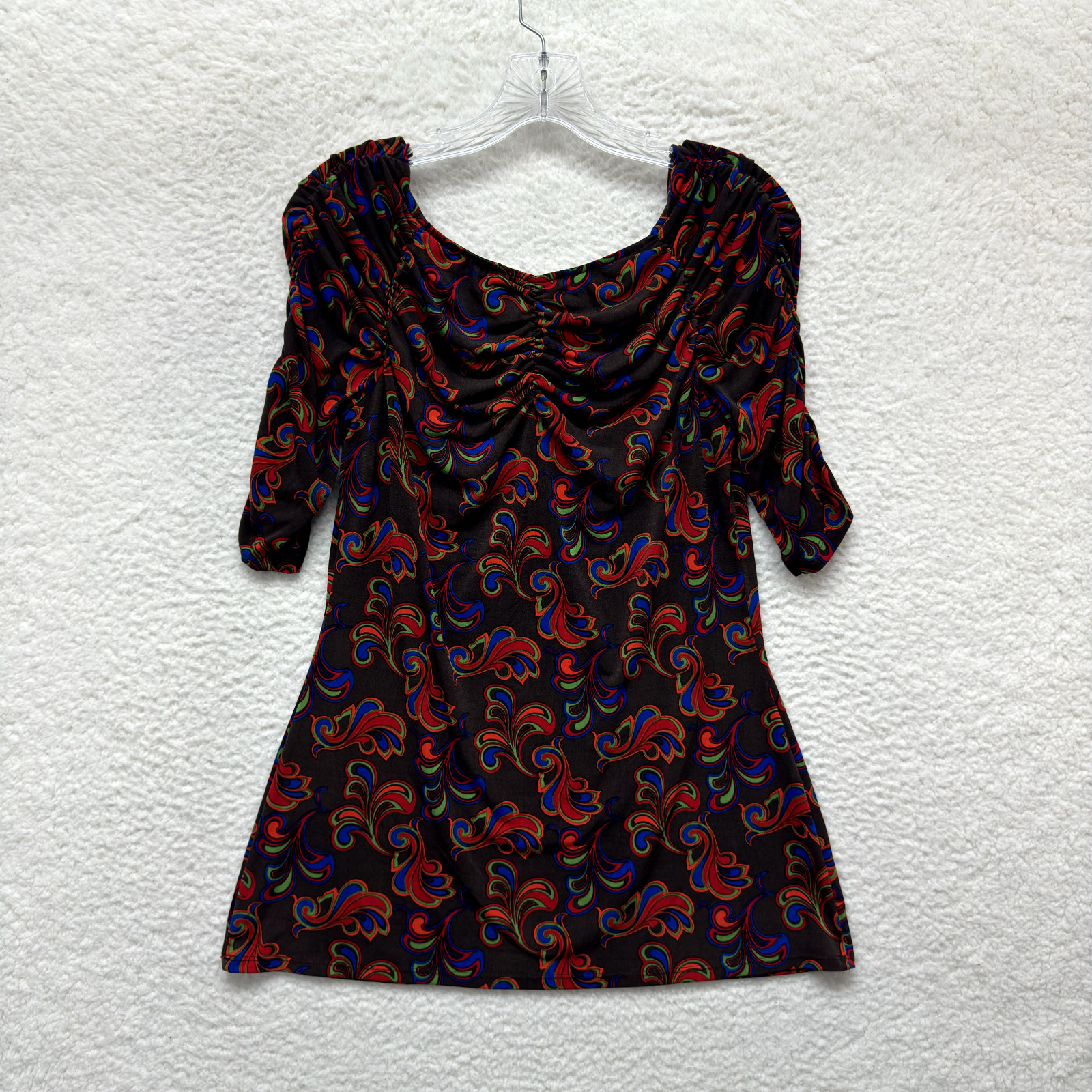 Y2K Vintage Bisou Bisou Boho Grunge Top L Large Brown Pattern Slinky Stretch