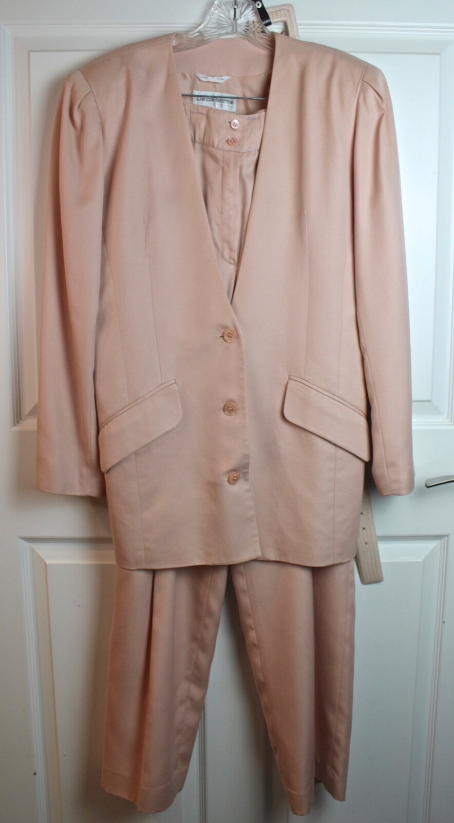 VTG 80s Liz Claiborne Collection Pink Twill Suit Set Jacket Pant Leather Belt 6