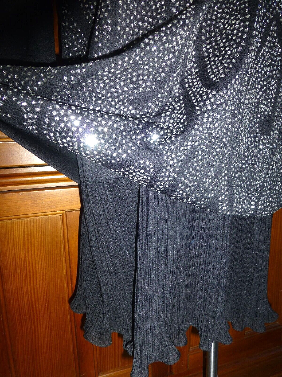 VTG 70s Black Shimmer glitter Micro Pleats Disco evening shift DRESS L XL