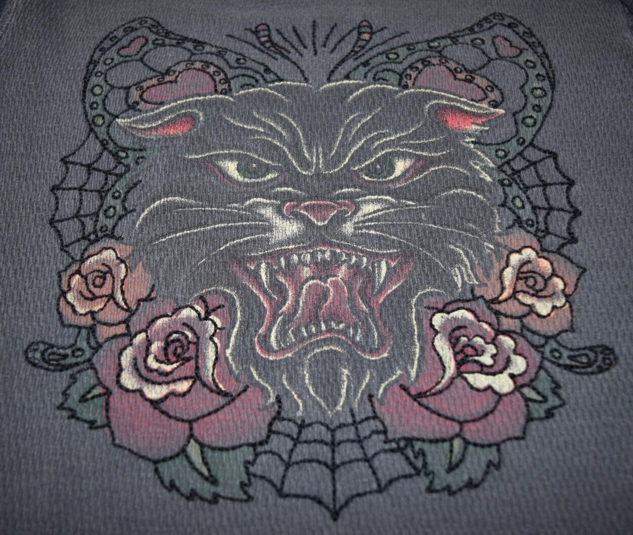 Vintage Thermal T-Shirt Lucky Peace Size S 80s 90s Wildcat & Roses Waffle Weave