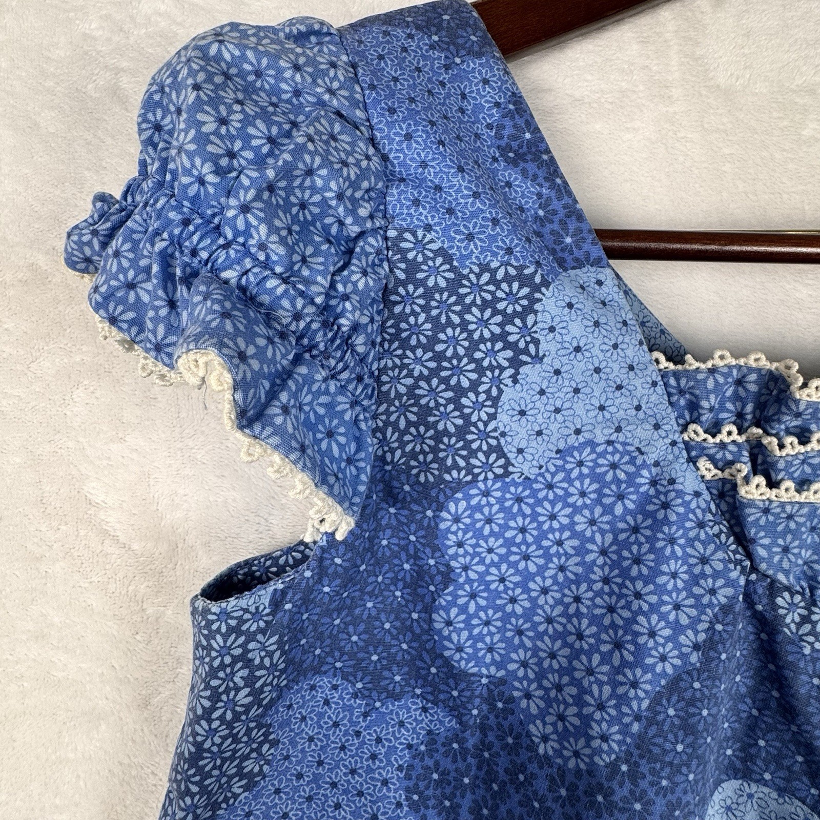 Vintage Penneys Hawaii Blue Floral Cotton Maxi Dress Pockets Lace Trim 9 S