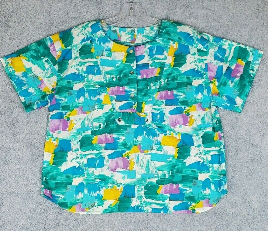 Vtg 80s Watercolor Painting Multicolor Short Sleeve Top 1/2 Button Down Sz Med