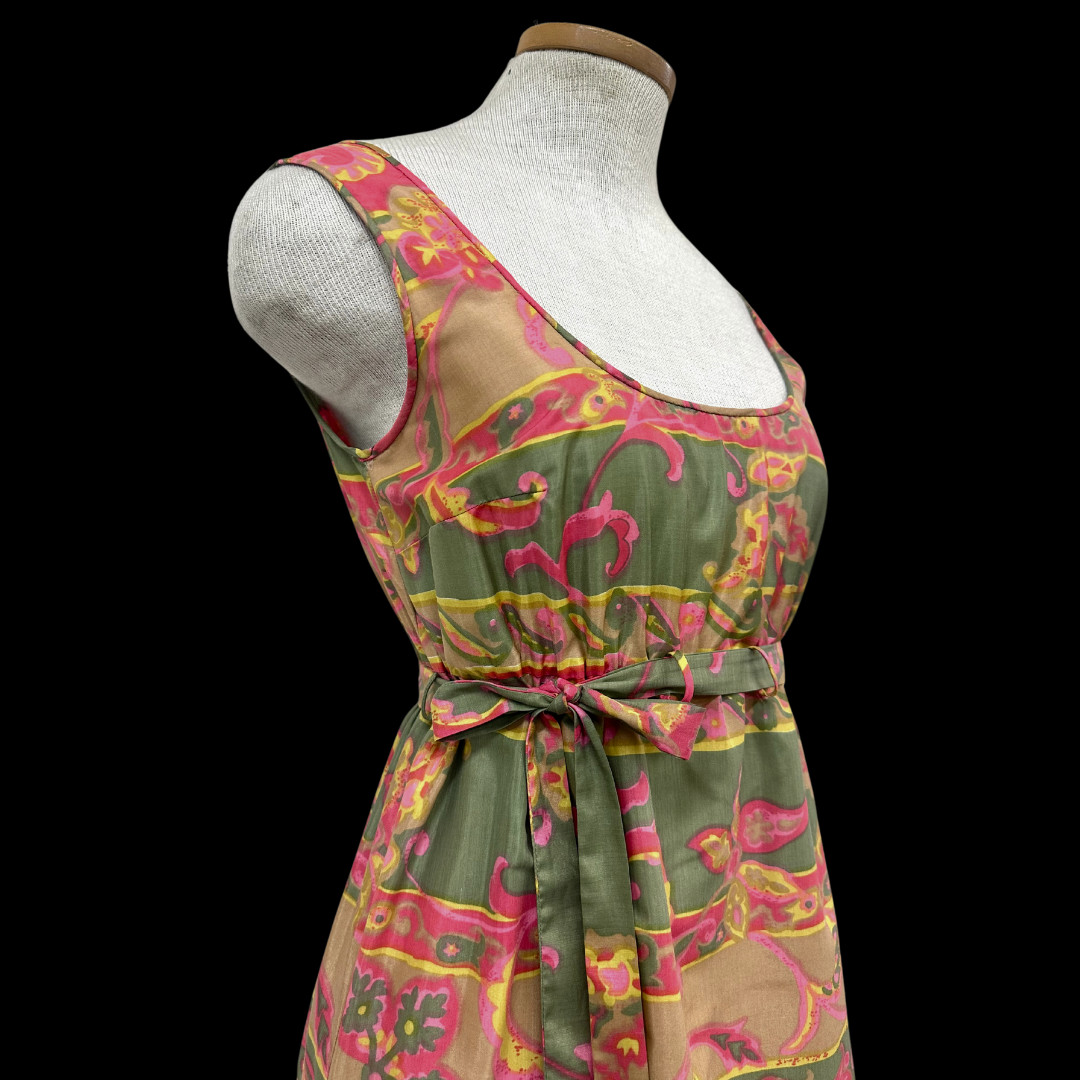 Vintage 60s Eyeful by the Flaums Paisley Maxi Dress with Ruffle Trim & Tie Belt