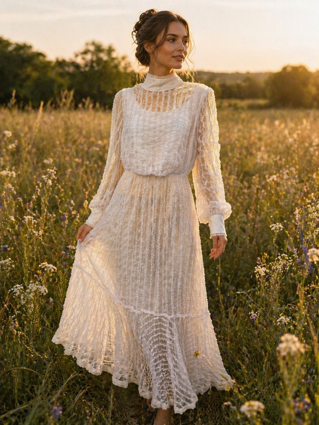 Vintage Recollections Lace Prairie Dress White Cottagecore Victorian L